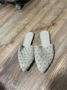 ShuShop Studded Pointed Toe Slide Mules in Light Gray